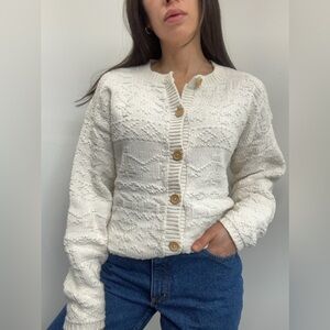 Vintage 80's Cream Knit Chunky Cotton Cardigan Wooden Buttons Crew Neck Size M